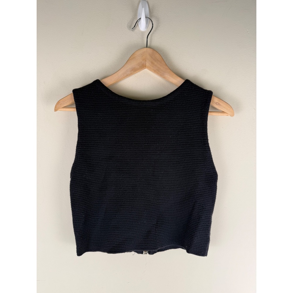Alice + Olivia Black Ribbed Knit Cropped Tank Top Gold Zipper Accent L see meas.
